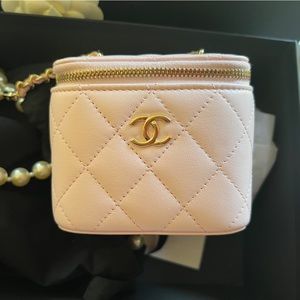 Chanel quilted pink mini vanity case with pearl crossbody strap, NIB
